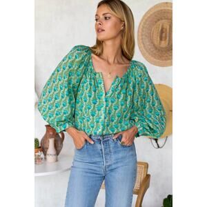 India Collection Emerson Fry Frances Frida Blue Green Organic Cotton Top EUC XS